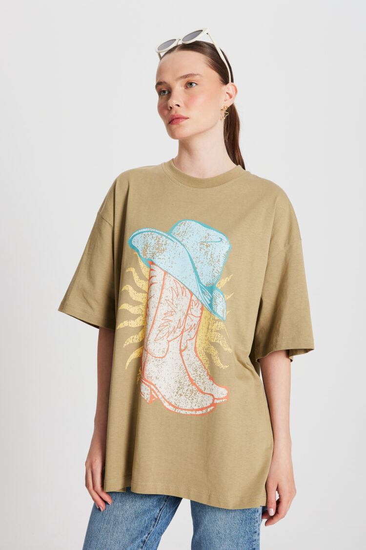 Mold Green Oversized Printed T-shirt 29156 - First Angels - Globality Store - Women Clothes Wholesale Turkey