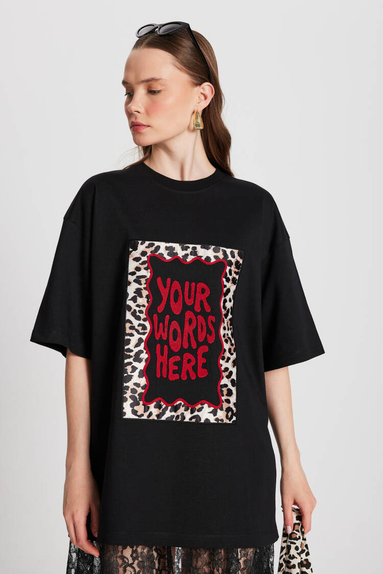 Black Oversize Embroidered T-shirt 29160 - First Angels - Globality Store - Women Clothes Wholesale Turkey