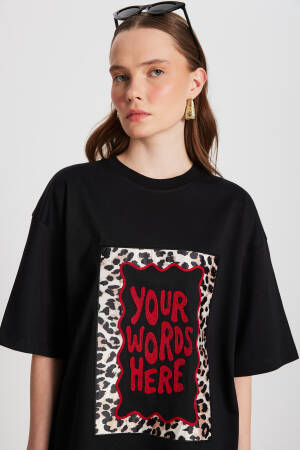 Black Oversize Embroidered T-shirt 29160 - First Angels - Globality Store - Women Clothes Wholesale Turkey