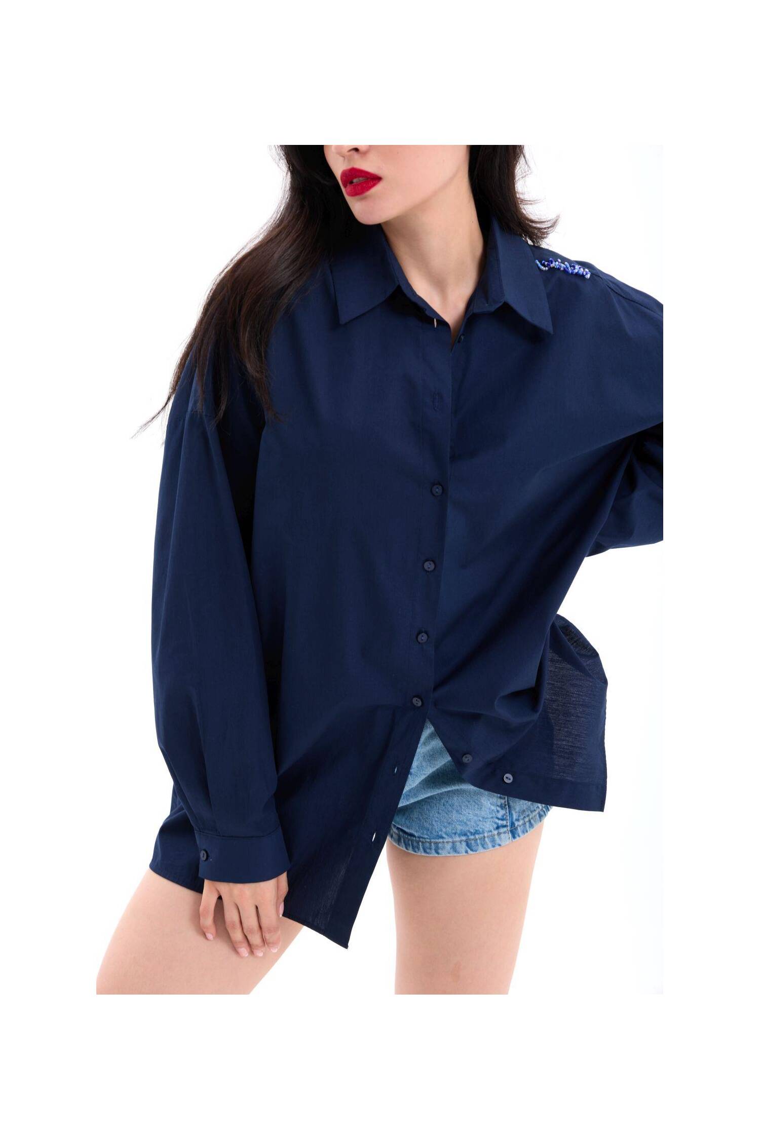 Shirt - Navy - Brand: Fame - Women's Clothing Wholesale - Globality Store