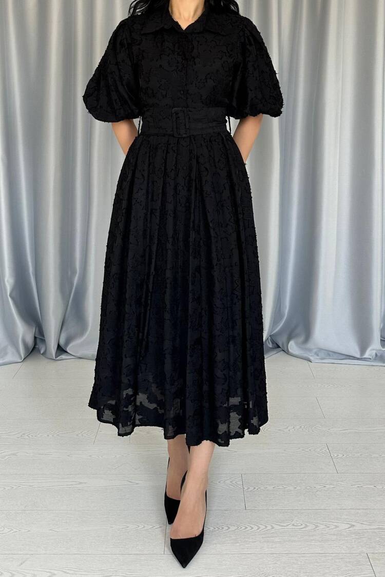 WholesaleBelted Balloon Sleeve Dress