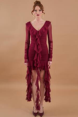 Ruffle Ruffle Mini Tulle Dress Burgundy - Brand: Juste - Women's Clothing Wholesale - Globality Store