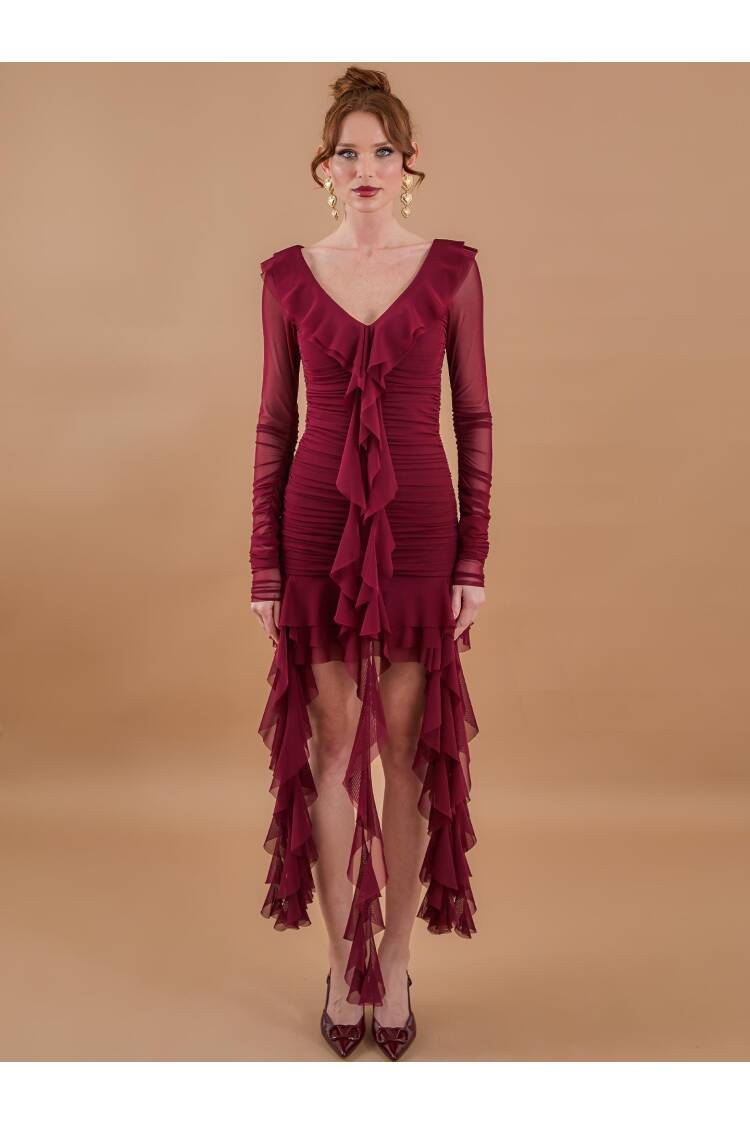 Ruffle Ruffle Mini Tulle Dress Burgundy - Brand: Juste - Women's Clothing Wholesale - Globality Store