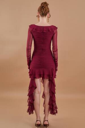 Ruffle Ruffle Mini Tulle Dress Burgundy - Brand: Juste - Women's Clothing Wholesale - Globality Store