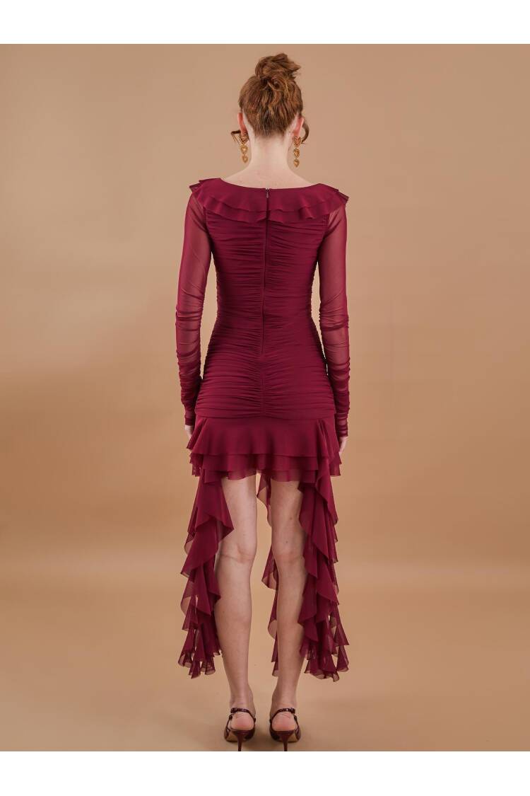 Ruffle Ruffle Mini Tulle Dress Burgundy