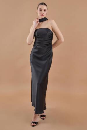 Draped Satin Strapless Neckline Long Dress Black - Brand: Juste - Women's Clothing Wholesale - Globality Store