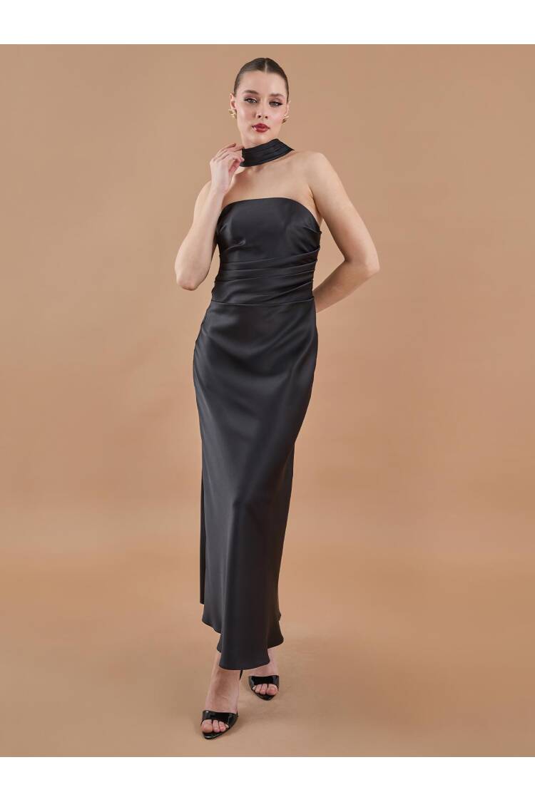Draped Satin Strapless Neckline Long Dress Black - Brand: Juste - Women's Clothing Wholesale - Globality Store