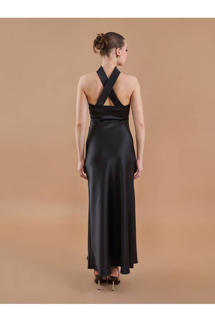 Draped Satin Strapless Neckline Long Dress Black
