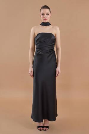 Draped Satin Strapless Neckline Long Dress Black - Brand: Juste - Women's Clothing Wholesale - Globality Store