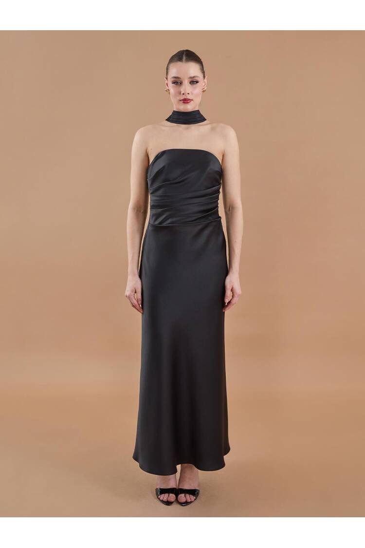 Draped Satin Strapless Neckline Long Dress Black