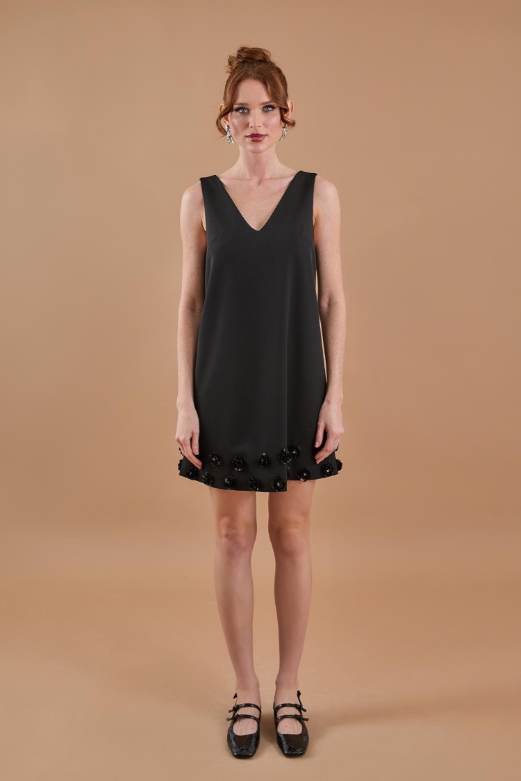 Floral Embroidery Detailed V Neck Mini Dress Black - Juste - Globality Store - Women Clothes Wholesale Turkey