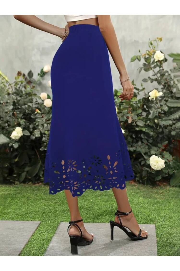 Women's High Waist Laser Cut Detailed Midi Imported Crepe Skirt - Saks