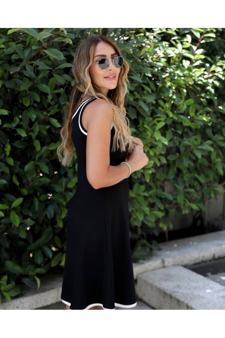 Women's Zero Sleeve Round Double Color Kilos Viscose Two Yarn Dress - Black