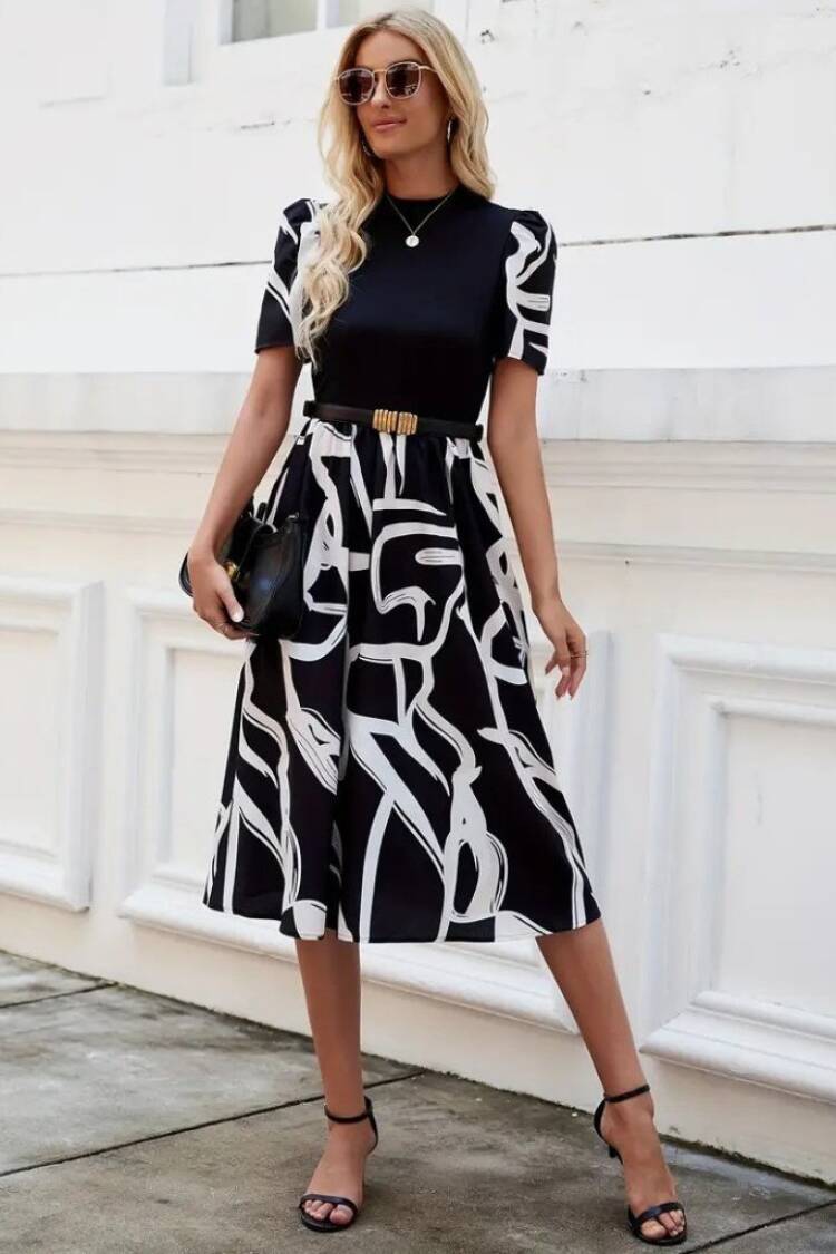 Women's Short Sleeve Half Turtleneck Top Viscose Bottom Pattern Woven Midi Dress - Black