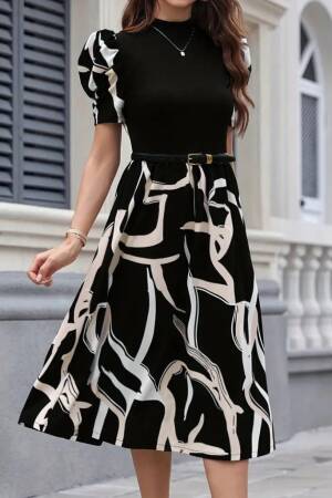 Women's Short Sleeve Half Turtleneck Top Viscose Bottom Pattern Woven Midi Dress - Black - Janes - Globality Store - Women Clothes Wholesale Turkey
