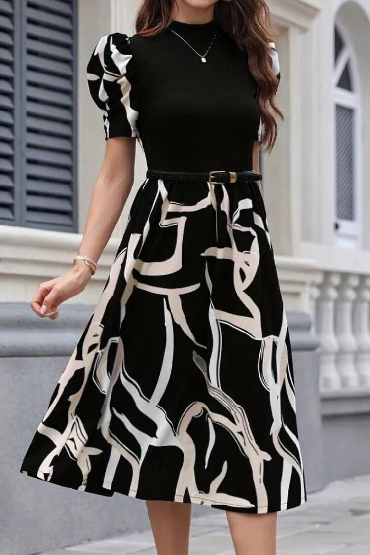 Women's Short Sleeve Half Turtleneck Top Viscose Bottom Pattern Woven Midi Dress - Black