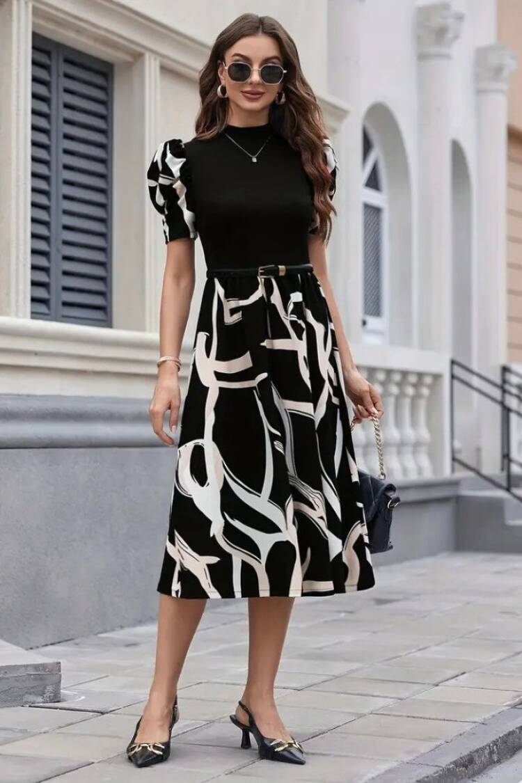 Women's Short Sleeve Half Turtleneck Top Viscose Bottom Pattern Woven Midi Dress - Black