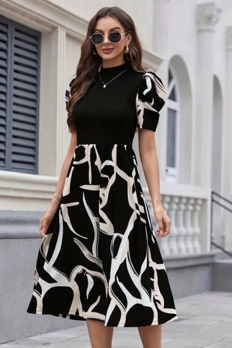 Women's Short Sleeve Half Turtleneck Top Viscose Bottom Pattern Woven Midi Dress - Black