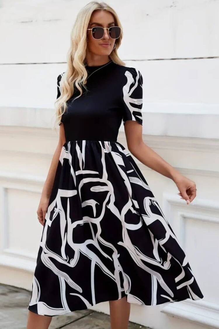 Women's Short Sleeve Half Turtleneck Top Viscose Bottom Pattern Woven Midi Dress - Black