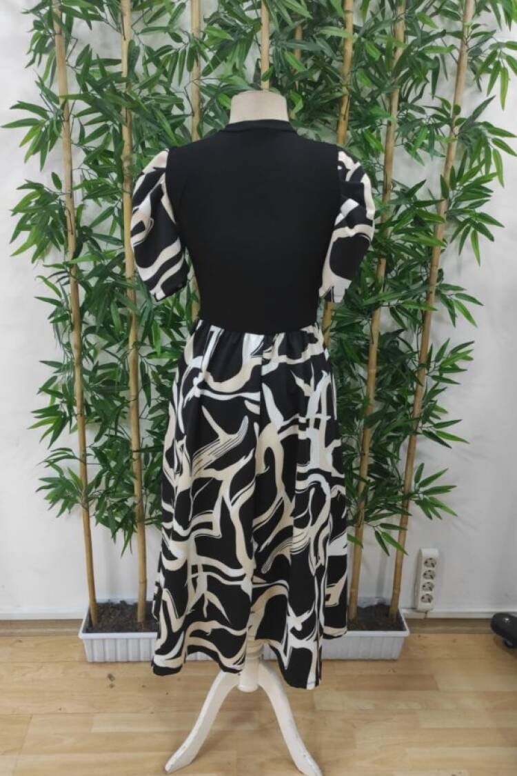Women's Short Sleeve Half Turtleneck Top Viscose Bottom Pattern Woven Midi Dress - Black