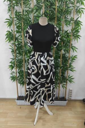 Women's Short Sleeve Half Turtleneck Top Viscose Bottom Pattern Woven Midi Dress - Black - Janes - Globality Store - Women Clothes Wholesale Turkey