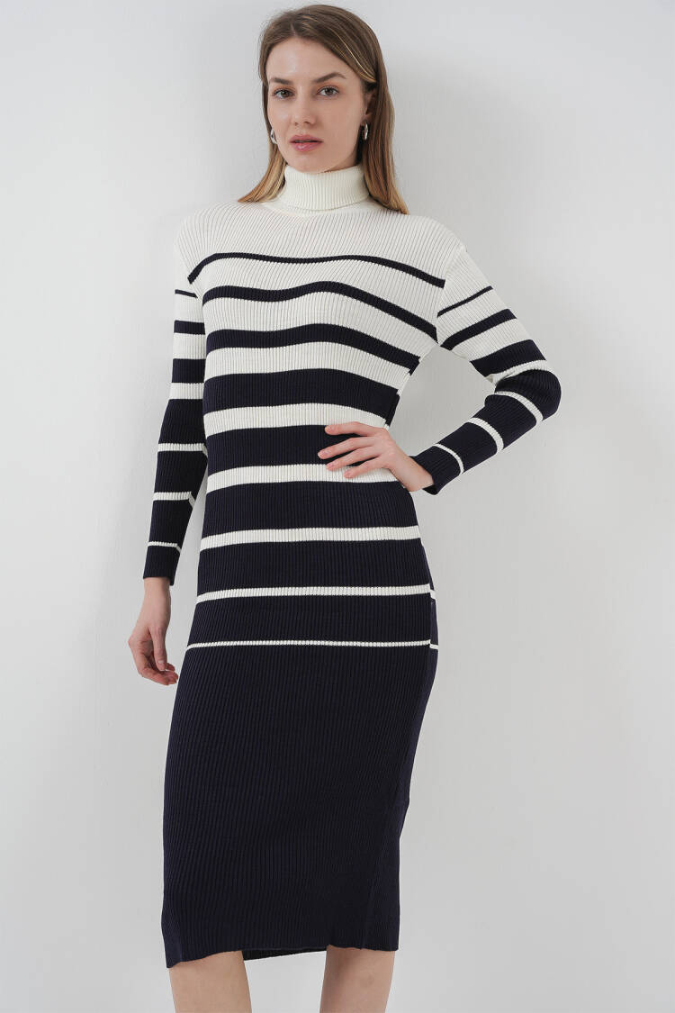 Turtleneck Navy White Knitwear Dress