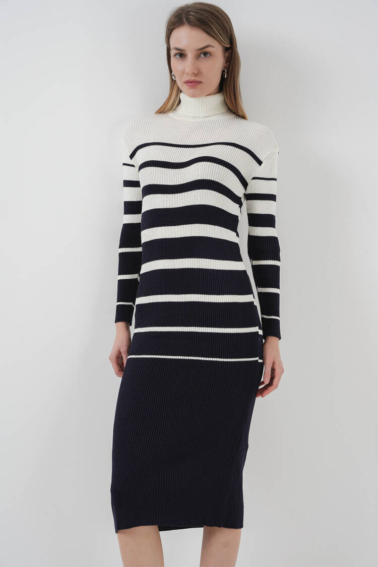 Turtleneck Navy White Knitwear Dress
