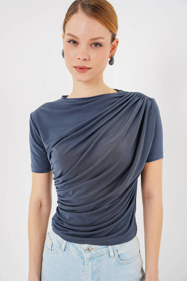 Detailed Short Sleeve Sandy Blouse 945