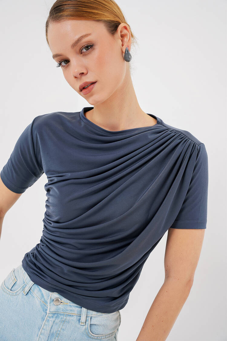 Detailed Short Sleeve Sandy Blouse 945 - Bigdart - Globality Store - Women Clothes Wholesale Turkey