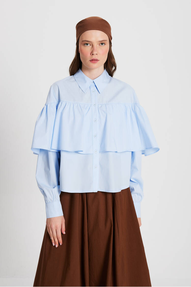 Frilled Cotton Fabric Wide Cut Shirt 29136