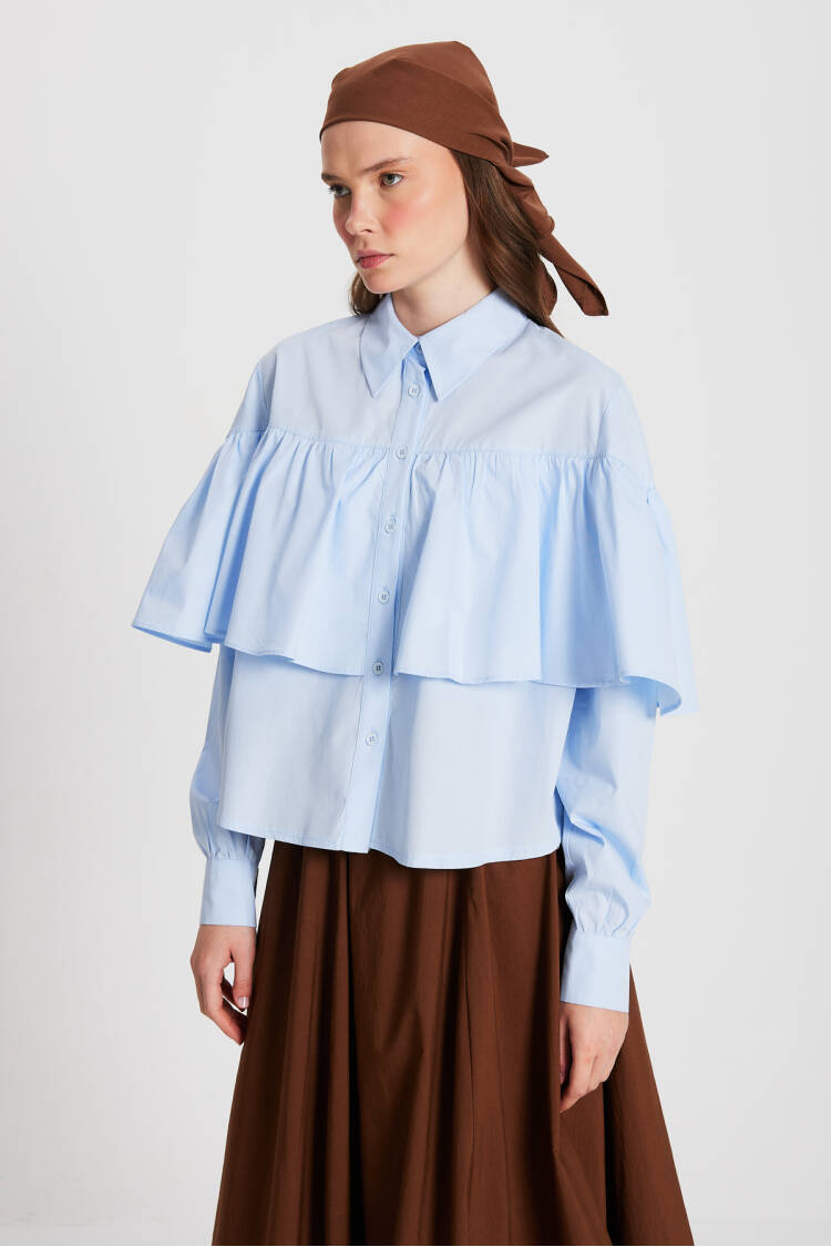 Frilled Cotton Fabric Wide Cut Shirt 29136