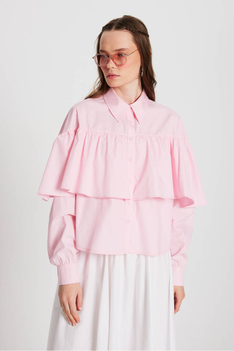 Ruffled Cotton Fabric Wide Cut Shirt 29136 - Brand: First Angels - Women's Clothing Wholesale - Globality Store