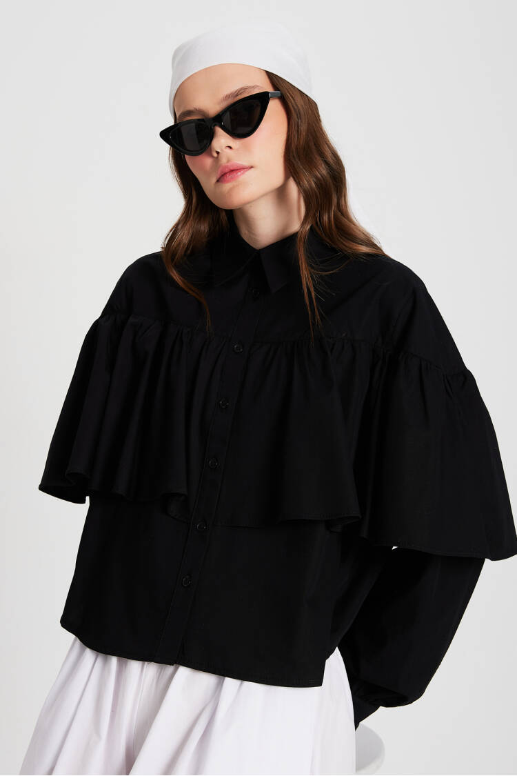 Ruffled Cotton Fabric Wide Cut Shirt 29136