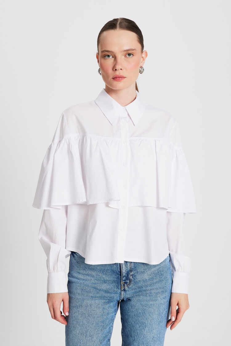 Frilled Cotton Fabric Wide Cut Shirt 29136