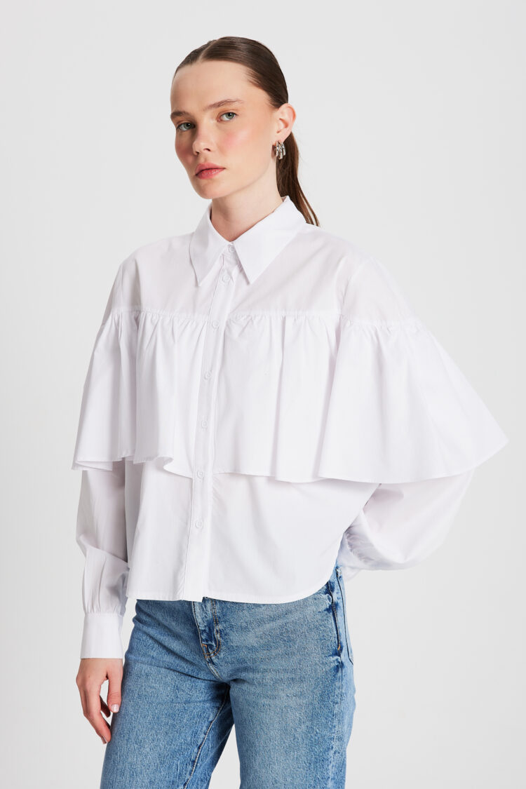 Frilled Cotton Fabric Wide Cut Shirt 29136