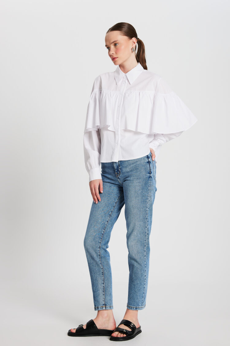 Frilled Cotton Fabric Wide Cut Shirt 29136