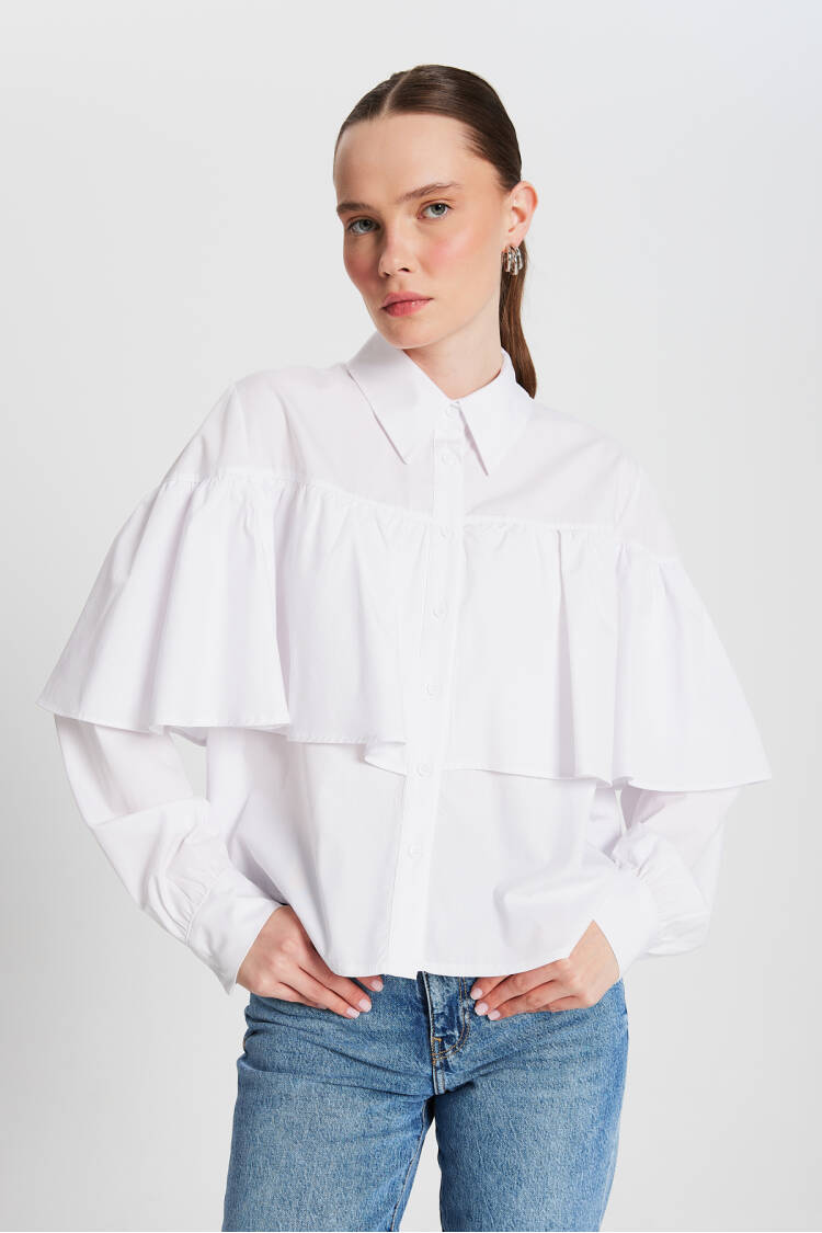 Frilled Cotton Fabric Wide Cut Shirt 29136