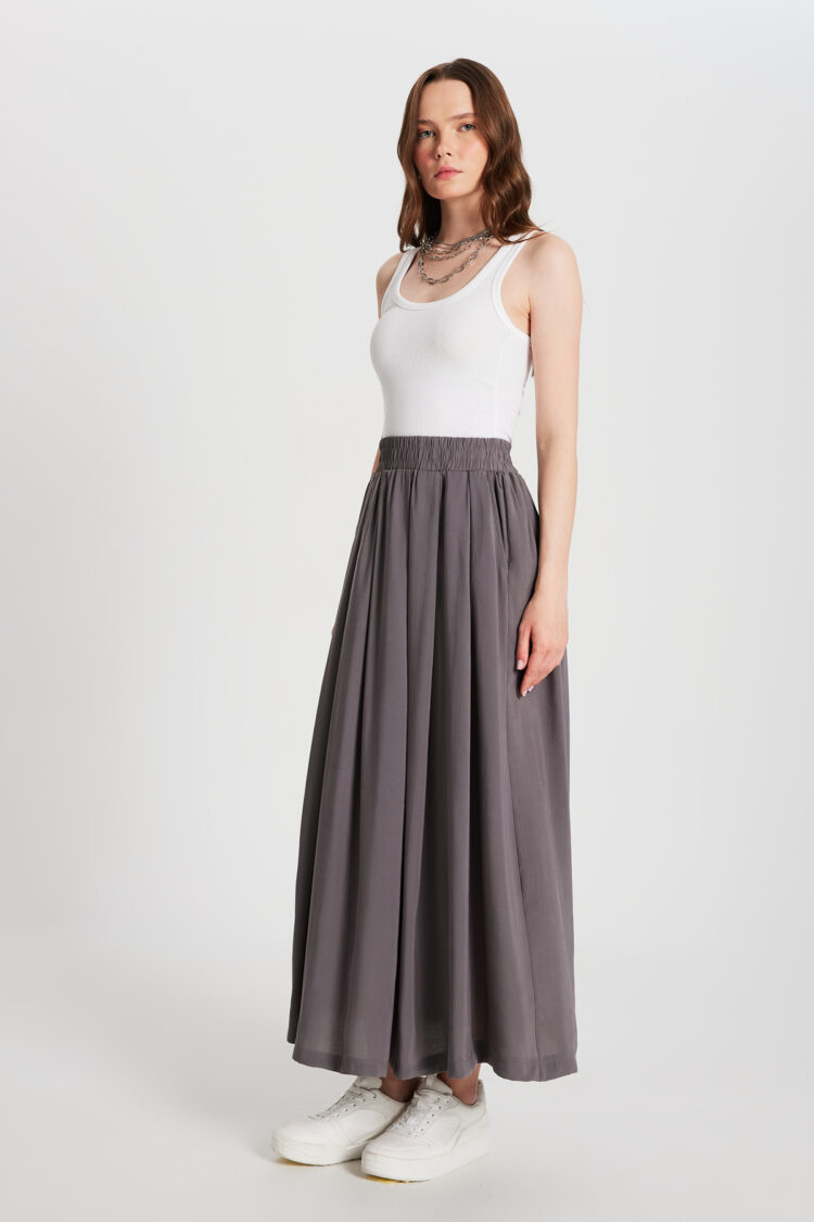 Anthracite Pleated Pocket Modal Long Skirt 29145 - First Angels - Globality Store - Women Clothes Wholesale Turkey