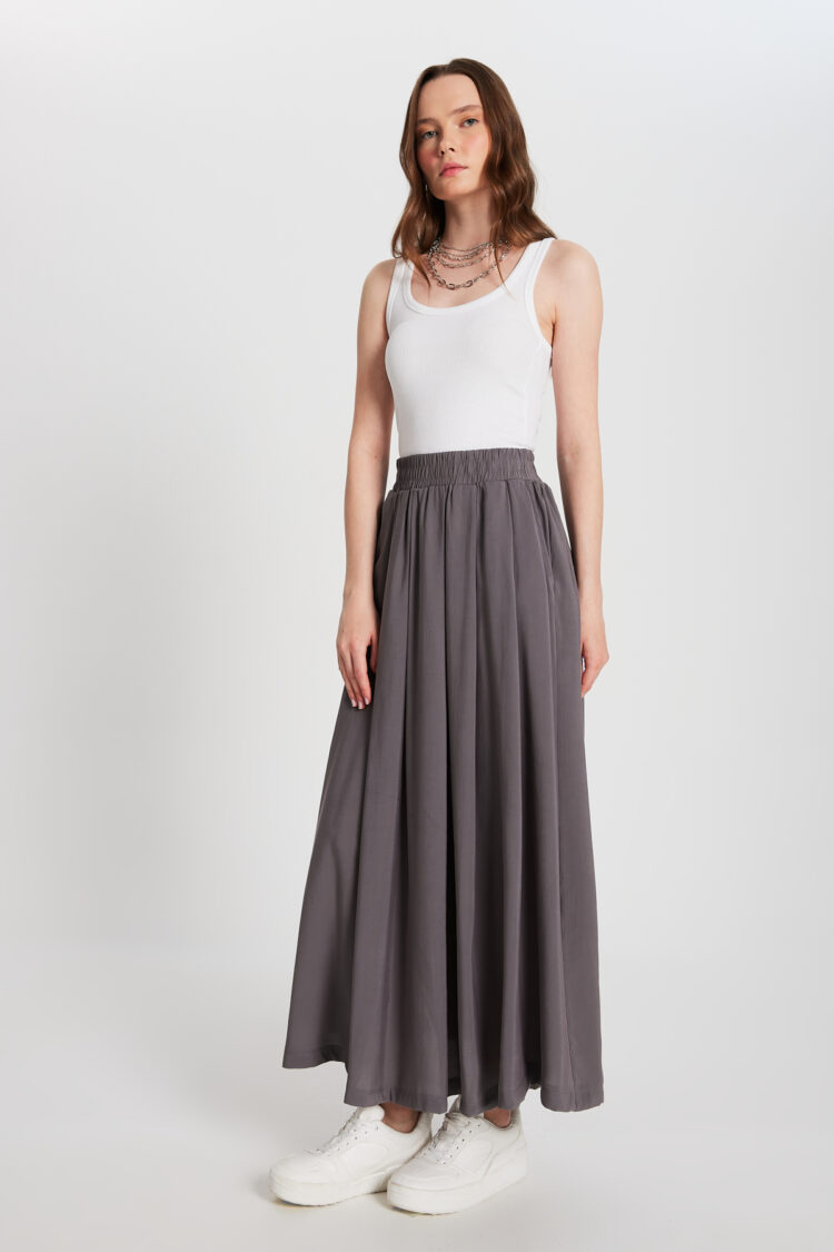 Anthracite Pleated Pocket Modal Long Skirt 29145