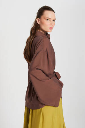 Coffee Oversize 100% Modal Tie Up Kimono Jacket 29146 - First Angels - Globality Store - Women Clothes Wholesale Turkey