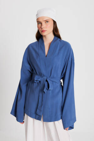 Indigo Oversize 100% Modal Tie Up Kimono Jacket 29146 - First Angels - Globality Store - Women Clothes Wholesale Turkey