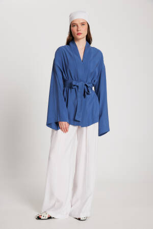 Indigo Oversize 100% Modal Tie Up Kimono Jacket 29146 - First Angels - Globality Store - Women Clothes Wholesale Turkey