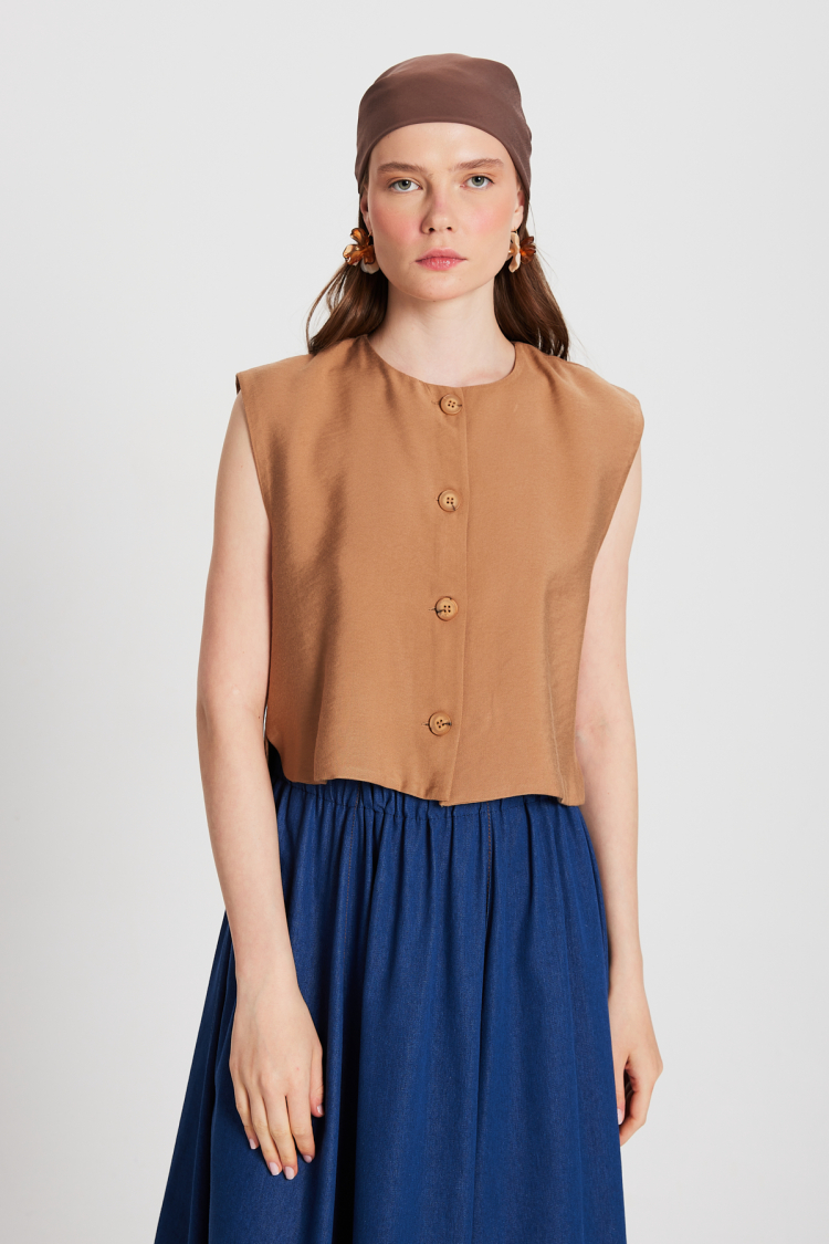 Camel Buttoned Vest 29090 - First Angels - Globality Store - Women Clothes Wholesale Turkey