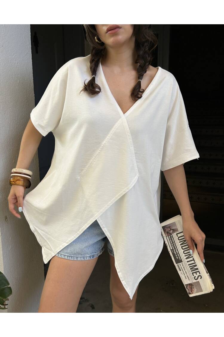 Ecru Asymmetrical Cut Oversize Combed Blouse 29071 - First Angels - Globality Store - Women Clothes Wholesale Turkey