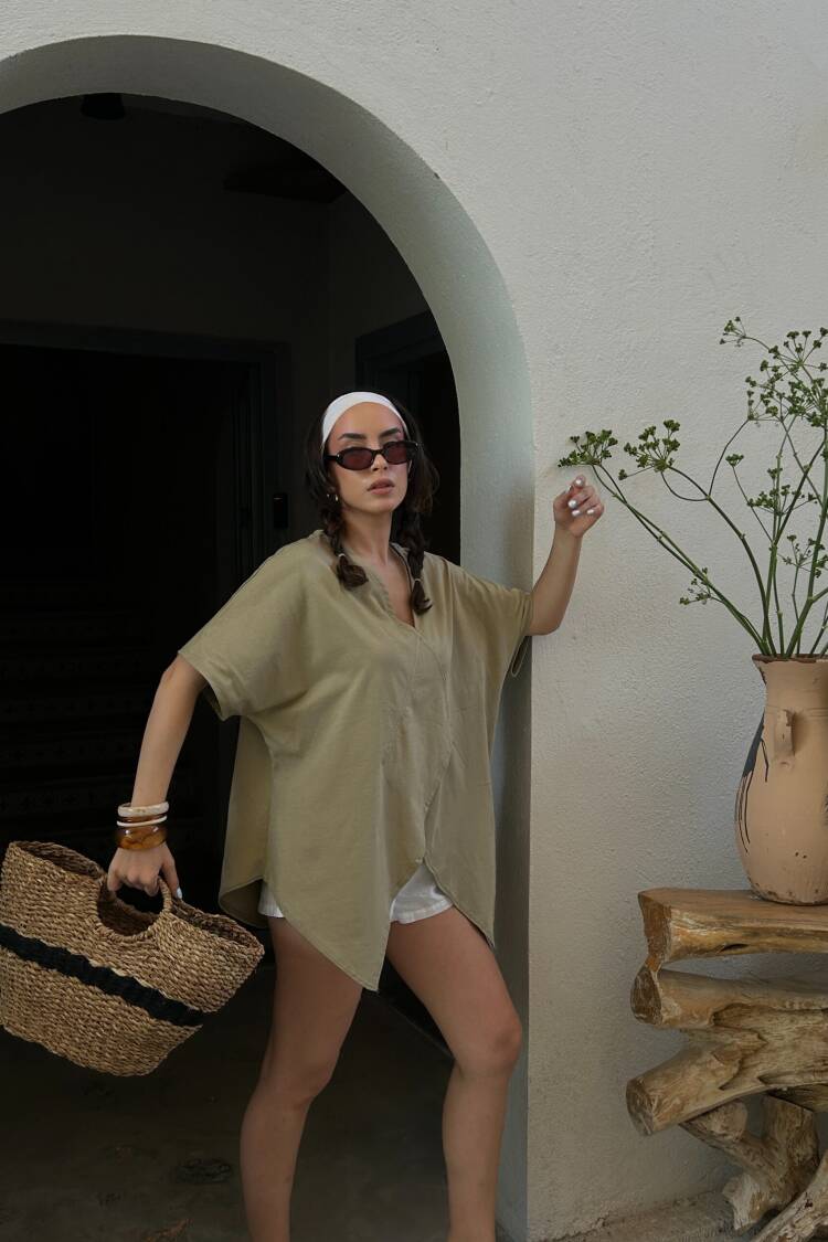 Mold Green Asymmetric Cut Oversize Combed Blouse 29071