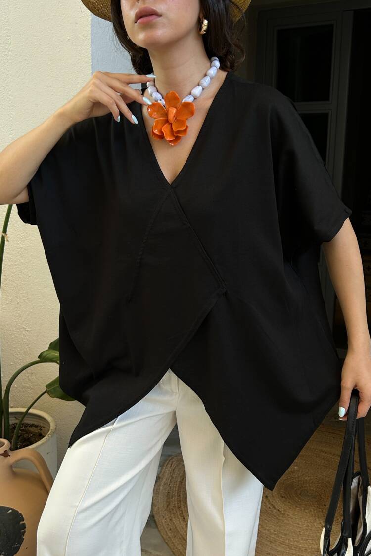 Black Asymmetrical Cut Oversize Combed Blouse 29071 - First Angels - Globality Store - Women Clothes Wholesale Turkey