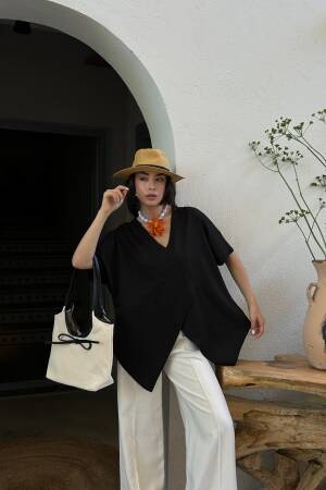 Black Asymmetrical Cut Oversize Combed Blouse 29071 - First Angels - Globality Store - Women Clothes Wholesale Turkey