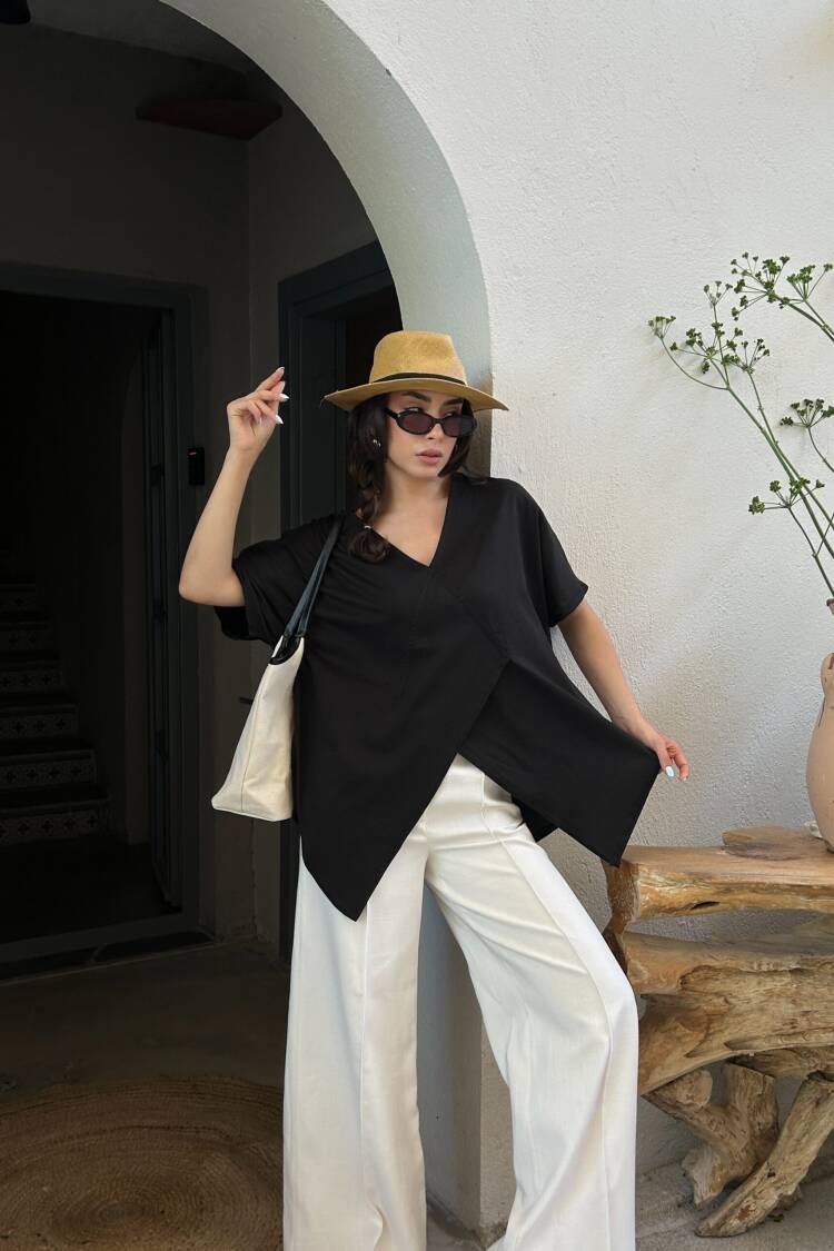 Black Asymmetrical Cut Oversize Combed Blouse 29071