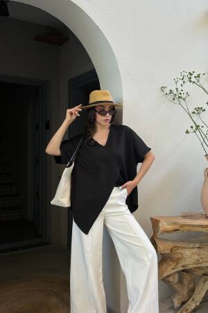 Black Asymmetrical Cut Oversize Combed Blouse 29071 - First Angels - Globality Store - Women Clothes Wholesale Turkey