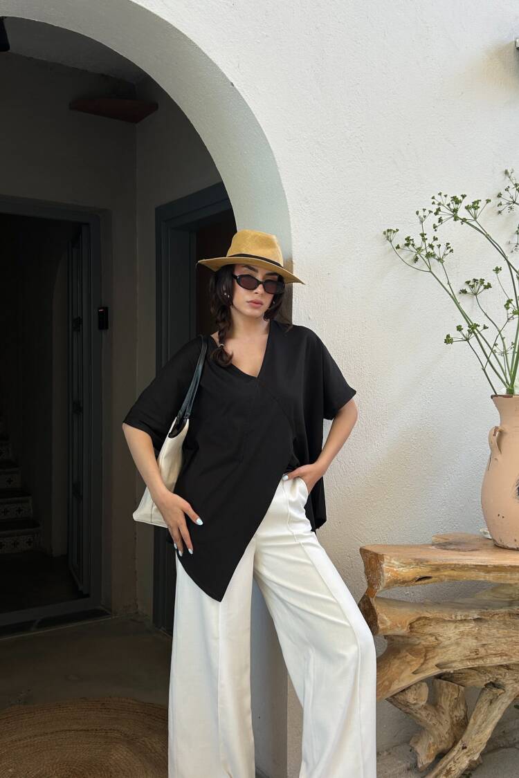 Black Asymmetrical Cut Oversize Combed Blouse 29071